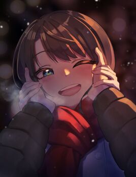 1girl 1other absurdres black_jacket blue_eyes breath brown_hair coat commentary english_commentary fingernails grabbing_another's_hand hakimen hands_on_another's_face highres hololive jacket long_sleeves looking_at_viewer medium_hair oozora_subaru open_mouth outdoors pov pov_hands red_scarf scarf smile upper_body white_coat