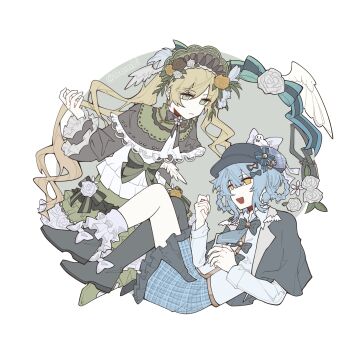 2girls artist_request black_capelet black_flower black_hat black_pantyhose black_rose black_shoes blonde_hair blue_hair blue_skirt bonnet braid braided_hair_rings capelet chinese_commentary commentary_request commission deerstalker dress flower frilled_skirt frills full_body green_bonnet green_dress green_eyes hair_rings hat highres lolita_fashion long_hair long_sleeves looking_at_another looking_down mahou_shoujo_no_majo_saiban multiple_girls open_mouth pantyhose rose second-party_source shoes short_hair sitting skirt smile tachibana_sherry tono_hanna twintails very_long_hair vest yellow_eyes yellow_flower yellow_rose