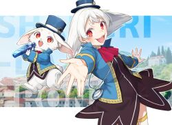 Rule 34 | dress, emul (shangri-la frontier), furry, furry female, hat, high collar, highres, long sleeves, mikoto kei, open mouth, outstretched arm, pocket watch, rabbit, red eyes, shangri-la frontier, smile, top hat, tree, watch, white hair
