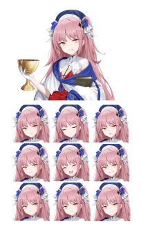 :3 absurdres annoyed blue_flower book chalice closed_eyes closed_mouth cross cross_necklace cup dress evil_grin evil_smile flower gloves grin hair_flower hair_ornament haze/reverb highres holding holding_book holding_cup jewelry laughing looking_at_viewer meria_(haze/reverb) multiple_expressions necklace o3o off_shoulder official_art orange_eyes parted_lips pink_hair red_dress robe roi_(liu_tian) simple_background smile smug white_background white_gloves white_robe