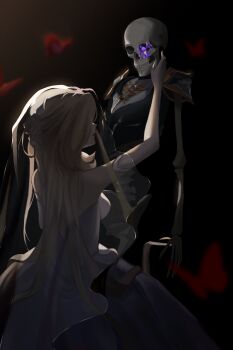 1girl 4others black_background black_dress blonde_hair bone crimson_lotus_moth_(genshin_impact) dress flower from_side genshin_impact highres long_hair multiple_others sakarvia signora_(genshin_impact) skeleton skull solo wedding_dress white_dress