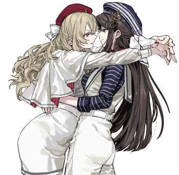 2girls 9urodine anchor_hat_ornament arms_around_neck belt beret blonde_hair blue_hat blue_shirt bow breasts brown_hair capelet closed_mouth cowboy_shot eye_contact face-to-face fingernails from_side glint hair_between_eyes hair_ornament hands_up hat hat_bow hat_ornament highres hug long_hair looking_at_another medium_breasts multiple_girls mutual_hug official_alternate_costume pants parted_lips profile purple_eyes red_eyes red_hat red_nails saijou_claudine sailor sailor_collar sailor_hat shirt shoujo_kageki_revue_starlight simple_background skirt smile standing striped_clothes striped_hat striped_shirt tendou_maya two-sided_capelet v-shaped_eyebrows very_long_hair wavy_hair white_background white_belt white_bow white_capelet white_pants white_sailor_collar white_shirt white_skirt x_hair_ornament yuri