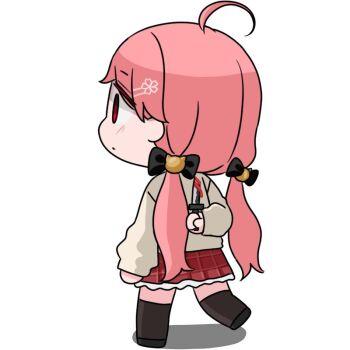 1girl ahoge arm_behind_back black_bow black_shoes black_thighhighs blood bloody_knife bow brown_jacket chibi closed_mouth commentary_request dress_shirt hair_bow holding holding_knife hololive jacket knife long_hair low_twintails mochimiko pink_hair plaid_clothes plaid_skirt profile red_eyes red_skirt sakura_miko shadow shirt shoes simple_background skirt solo thighhighs twintails very_long_hair virtual_youtuber walking white_background