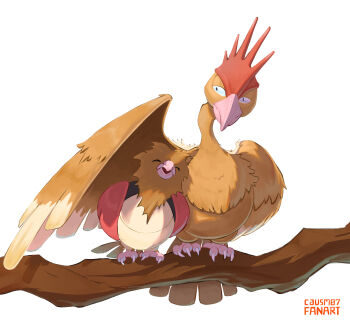 absurdres artist_name beak bird brown_feathers causmo7 closed_eyes evolutionary_line fearow feathered_wings feathers gen_1_pokemon highres nintendo no_humans on_branch pokemon pokemon_(creature) simple_background spearow white_background wings