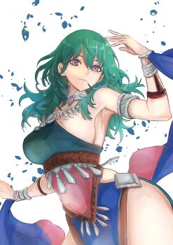1girl absurdres alternate_costume armlet armpits bare_arms bare_shoulders blue_eyes blue_petals blue_sky breasts closed_mouth commentary_request cowboy_shot dancer dancer_(fire_emblem:_three_houses) dancing falling_petals female_byleth_(fire_emblem) fire_emblem fire_emblem:_three_houses green_hair hair_between_eyes highres jewelry large_breasts light_smile long_hair looking_at_viewer nintendo pelvic_curtain petals rino_han sideboob silver_armlet silver_choker silver_trim sky smile solo thick_thighs thighs white_background