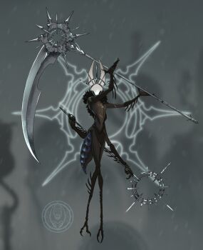 Rule 34 | 1girl, absurdres, arthropod girl, black eyes, black skin, colored skin, crest (hollow knight), demgozellegs, dual wielding, extra arms, facing viewer, full body, head ornament, highres, holding, holding behind back, holding scythe, holding weapon, holding weapon behind back, hollow eyes, hollow knight, hollow knight: silksong, horned mask, hornet (hollow knight), horns, looking at viewer, mask, rosary, scythe, solo, weapon, white mask