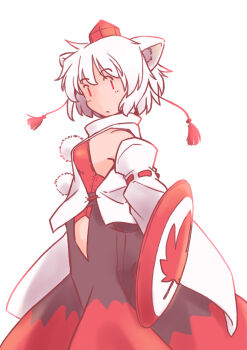 1girl animal_ears black_skirt blush clothing_cutout collared_vest commentary_request detached_sleeves feet_out_of_frame from_side hat hat_tassel hip_vent holding holding_shield inubashiri_momiji leaf_print leotard looking_back pom_pom_(clothes) rangycrow red_eyes red_hat red_leotard shield short_hair skirt solo tokin_hat touhou vest white_background white_hair white_vest wolf_ears wolf_girl |_|