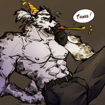 1boy abs animal_ears bara bare_pectorals biceps black_gloves black_pants dislyte english_text furry furry_male gloves hat highres holding jin_qiu_(ru_shou)_(dislyte) looking_to_the_side male_focus muscular muscular_male nadhilm navel nipples pants party_hat party_whistle pectorals ponytail sitting sound_effects speech_bubble sunglasses tail tiger tiger_boy tiger_ears tiger_stripes tiger_tail topless_male white_fur white_hair white_tiger