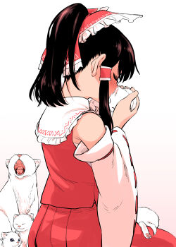 1girl absurdres animal animal_on_lap black_hair blush bow closed_eyes commentary_request detached_sleeves frilled_bow frills fuuzasa hair_bow hair_tubes hakurei_reimu hat highres holding holding_animal long_sleeves medium_hair on_lap pleated_skirt ponytail red_bow red_ribbon red_shirt red_skirt ribbon ribbon-trimmed_sleeves ribbon_trim shirt sitting skirt sleeveless sleeveless_shirt smelling solo touhou white_background white_hat white_sleeves wide_sleeves yawning