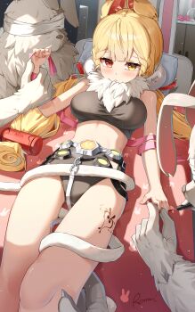 1girl absurdres alice_thymefield animal_ears bare_shoulders black_bra black_panties blonde_hair blush bra braid braided_twintails breasts hair_ornament hearing_aid heart heart_tattoo heterochromia highres large_breasts leg_tattoo long_hair looking_at_viewer low_twintails maeru panties rabbit_ears red_eyes sphere_hair_ornament tattoo twintails underwear yellow_eyes zenless_zone_zero