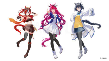 3girls agnes_tachyon_(tach-nology)_(umamusume) agnes_tachyon_(umamusume) agnes_tachyon_(umamusume)_(cosplay) ahoge animal_ears aqua_eyes belt black_hairband black_horns black_pantyhose black_streaks black_thighhighs blue_bow blue_bowtie blue_eyes blue_gemstone blue_hair blue_jacket blue_shirt blue_skirt blue_sky blue_tail blurry blurry_background boots bow bow_earrings bow_hairband bowtie brooch brown_boots brown_dress brown_gloves choppy_bangs coat collar colored_tips commentary_request cosplay cropped_jacket crossed_bangs doll_hair_ornament double-parted_bangs dress ear_ornament earrings ears_through_headwear extra_ears fangs fingerless_gloves flat_cap floating_hair fold-over_boots full_body gem gloves grass grass_wonder_(stone-piercing_blue)_(umamusume) grass_wonder_(umamusume) grass_wonder_(umamusume)_(cosplay) hair_between_eyes hair_intakes hairband hakos_baelz hand_on_own_hip hat head_chain heterochromia highres hololive hololive_english holopromise horns horse_ears horse_girl horse_tail hourglass irys_(hololive) jacket jewelry key key_necklace knee_boots l_hand lab_coat lapels long_hair long_sleeves looking_at_viewer miyanami_3 multicolored_eyes multicolored_hair multiple_girls necklace notched_lapels official_art open_hand open_mouth ouro_kronii outstretched_arms pantyhose parted_lips pink_belt pink_gemstone pink_hair pleated_skirt pointy_ears ponytail purple_eyes red_jacket red_streaks sailor_collar scrunchie sharp_teeth shirt short-sleeved_jacket short_hair short_sleeves simple_background skirt sky sleeves_past_fingers sleeves_past_wrists spiked_collar spikes spread_fingers stadium star-shaped_pupils star_(symbol) sweater symbol-shaped_pupils tail tail_bow tail_ornament teeth thighhighs tokai_teio_(beyond_the_horizon)_(umamusume) tokai_teio_(umamusume) tokai_teio_(umamusume)_(cosplay) umamusume v very_long_hair virtual_youtuber white_background white_boots white_bow white_bowtie white_coat white_dress white_sailor_collar white_streaks wing_collar wolf_cut yellow_scrunchie yellow_sweater yellow_trim