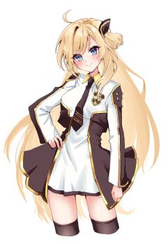 1girl ahoge black_thighhighs blonde_hair blue_eyes blush closed_mouth collared_shirt dress duel_monster hair_between_eyes hair_ornament hand_on_own_hip highres long_hair looking_at_viewer mizuhane_(mizuhane_miu) shirt simple_background sky_striker_ace_-_raye smile solo thighhighs very_long_hair white_background white_dress yu-gi-oh! zettai_ryouiki