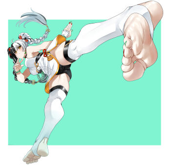 1girl ahoge aqua_nails bare_shoulders black_hair black_shorts border braid braided_twintails breasts cable china_dress chinese_clothes commentary_request dialyn_(zenless_zone_zero) double_bun dress earrings eiji_(eiji) feet foot_focus full_body green_background hair_bun hair_extensions hair_ornament high_kick highres jewelry kicking leg_up long_hair medium_breasts multicolored_hair multicolored_nails nail_polish open_mouth panda_hair_ornament pelvic_curtain red_nails ring_hair_extensions shorts solo split-color_hair standing standing_on_one_leg stirrup_legwear thighhighs toeless_legwear toenail_polish toenails white_border white_hair white_thighhighs yellow_eyes zenless_zone_zero