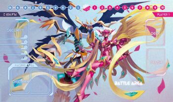 Rule 34 | adversarial noise, armor, black wings, ctk tamer, digimon, digimon (creature), digimon card game, dynasmon, dynasmon x-antibody, english text, full body, head wings, highres, holding, lordknightmon, lordknightmon x-antibody, pink armor, white armor, wings, yellow wings