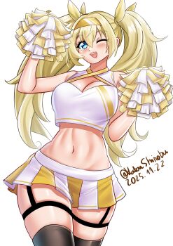 1girl absurdres alternate_costume bare_shoulders blonde_hair blue_eyes blush breasts cheerleader commentary crop_top english_commentary gambier_bay_(kancolle) hair_between_eyes hairband high_side_ponytail highres holding holding_pom_poms kantai_collection katou_shinobu large_breasts long_hair looking_at_viewer midriff miniskirt navel one_eye_closed open_mouth pleated_skirt pom_pom_(cheerleading) pom_poms shirt simple_background skirt sleeveless sleeveless_shirt smile solo twintails white_background white_skirt