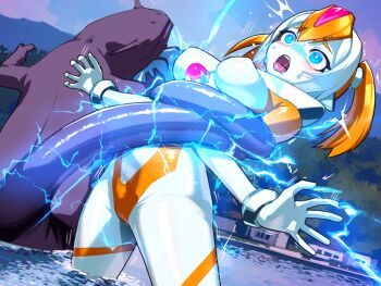 Rule 34 | 1girl, blue eyes, bound, commentary request, electrocution, energy drain, giant, giantess, kaiju, multicolored hair, nikunopengin, open mouth, orange hair, original, tongue, tongue out, twintails, two-tone hair, ultra series, white hair, x-girl flare