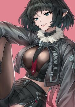 1girl absurdres animal_ears arm_on_knee arm_rest black_hair black_necktie black_shorts blue_eyes bodystocking breasts brown_pantyhose commentary cowboy_shot earrings english_commentary fur-trimmed_collar fur-trimmed_jacket fur_trim grey_jacket grey_tail high-waist_shorts highres jacket jane_doe_(zenless_zone_zero) jewelry knee_up large_breasts long_hair lucasaobari mouse_ears mouse_girl mouse_tail multicolored_hair navel necktie notched_ear pantyhose parted_lips pink_background red_hair red_necktie see-through_clothes see-through_sleeves shorts single_leg_pantyhose smile solo tail two-tone_necktie zenless_zone_zero