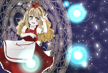 Rule 34 | 1girl, apron, back bow, blonde hair, blush, bow, collared shirt, ellen (touhou), enuchi (jvdm7888), frilled skirt, frills, hairband, highres, long hair, long skirt, looking to the side, magic circle, open mouth, red hairband, red skirt, red vest, shards, shirt, short sleeves, skirt, solo, touhou, touhou (pc-98), v, vest, waist apron, white apron, white bow, white shirt, yellow eyes