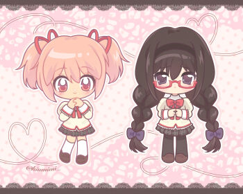 2girls akemi_homura black_hair black_thighhighs bow braid brown_shoes glasses hair_between_eyes hair_ribbon highres houkiboshii kaname_madoka long_hair mahou_shoujo_madoka_magica mahou_shoujo_madoka_magica_(anime) multiple_girls pink_background pink_hair purple_bow red-framed_eyewear red_ribbon ribbon shoes short_twintails smile socks thighhighs twin_braids twintails twitter_username white_socks