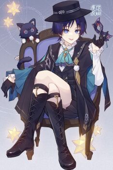 1boy animalization arm_rest ascot black_boots black_cat black_cloak black_hair black_hat black_shorts black_vest blue_ascot blue_cloak blue_eyes blue_gemstone blunt_ends boater_hat boots bright_pupils cat chair cloak collared_shirt crossed_legs domino_mask eye_mask eyeliner eyeshadow feathers formal_clothes frilled_shirt_collar frilled_sleeves frills full_body gem genshin_impact gloves grey_background half_gloves hand_up hat highres holding holding_mask knee_boots lace-up_boots layered_ascot long_sleeves looking_at_viewer makeup male_focus mask multicolored_hair nagi_yusura official_alternate_costume person_and_animalization pleated_shorts pom_pom_(clothes) purple_ascot purple_hair purple_mask red_eyeliner red_eyeshadow scaramouche_(cat)_(genshin_impact) scaramouche_(genshin_impact) shirt shorts sitting solo star_(symbol) streaked_hair tongue tongue_out two-sided_cloak two-sided_fabric vest wanderer_(genshin_fes_2026)_(genshin_impact) wanderer_(genshin_impact) white_pupils white_shirt white_sleeves white_trim wispy_bangs yellow_feathers