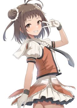Rule 34 | 1girl, absurdres, antenna hair, black necktie, brown eyes, brown hair, double bun, gloves, hair bun, highres, kantai collection, looking at viewer, miniskirt, naka (kancolle), naka kai ni (kancolle), necktie, pleated skirt, puffy short sleeves, puffy sleeves, school uniform, serafuku, short hair, short sleeves, skirt, smile, sukimizaki, v, white gloves