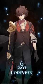1boy belt_buckle black_hair buckle buttons closed_mouth code_vein collarbone collared_shirt copyright_name gloves hair_over_one_eye highres jewelry kurumi_kobayashi looking_at_viewer louis_(code_vein) male_focus neck necklace official_art red_eyes shirt simple_background solo tagme upper_body