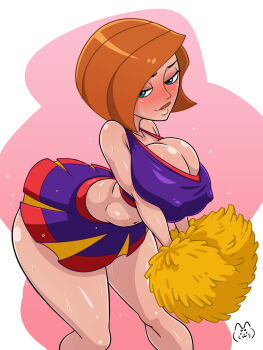 1girl ann_possible blue_eyes blush breast_press breasts cheerleader covered_erect_nipples embarrassed highres huge_breasts kim_possible_(series) looking_at_viewer looking_to_the_side mature_female nershiba orange_hair pink_background skirt sweat thick_lips thick_thighs thighs