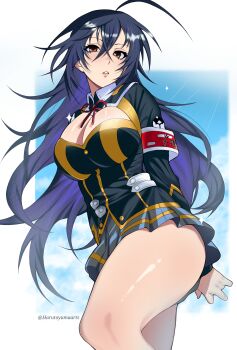 Rule 34 | 1girl, absurdres, ahoge, artist name, blue hair, breasts, brown eyes, cleavage, commentary request, hair between eyes, harutoyumaarts, highres, kurokami medaka, large breasts, long hair, looking at viewer, medaka box, parted lips, school uniform, solo, sparkle, twitter username