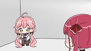 2girls ahoge black_bow black_shoes blush_stickers bow brown_thighhighs cellphone chibi collared_shirt commentary_request detached_sleeves dress_shirt green_eyes hair_bow hair_ribbon highres holding holding_phone hololive houshou_marine houshou_marine_(1st_costume) indoors knees_up long_hair long_sleeves low_twintails mochimiko multiple_girls phone pink_hair plaid_clothes plaid_skirt red_hair red_ribbon red_skirt ribbon sakura_miko shirt shoes sitting skirt thighhighs twintails very_long_hair virtual_youtuber white_shirt white_sleeves yurie_mouth