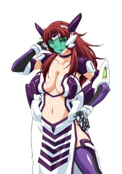 1girl akanejima_ranga armor blue_eyes breasts brown_hair center_opening choker cleavage collarbone cowboy_shot dress elbow_gloves face_shield game_cg gan-chan_(artist) gloves hand_on_own_hip headgear hitozuma_sentai_aisaiger large_breasts large_variant_set lipstick long_hair looking_at_viewer magical_girl makeup mecha_musume midriff navel non-web_source official_art one_eye_closed parted_bangs pelvic_curtain purple_thighhighs red_hair saiger_orchid shoulder_armor side_slit smile solo standing thighhighs transparent_background variant_set