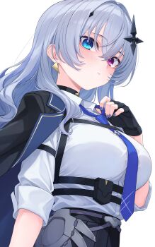 Rule 34 | 1girl, absurdres, armored skirt, belt pouch, black choker, black jacket, black skirt, blue eyes, blue nails, blue necktie, blush, breasts, chest belt, chest harness, choker, closed mouth, collared shirt, cross, cross-shaped pupils, cross hair ornament, crossed bangs, earrings, fingerless gloves, from side, gloves, gold trim, grey hair, hair between eyes, hair intakes, hair ornament, hand up, harness, heterochromia, highres, inverted cross, jacket, jacket on shoulders, jewelry, large breasts, long hair, looking at viewer, nail polish, nameko houshi, necktie, neo-porte, pink eyes, pleated skirt, pouch, shirt, shirt tucked in, simple background, skirt, solo, symbol-shaped pupils, tentei forte, tentei forte (2nd costume), three-quarter sleeves, triangle earrings, very long hair, virtual youtuber, white background, white shirt, wing collar