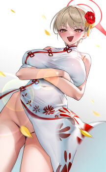 1girl absurdres blonde_hair blue_archive blush breasts china_dress chinese_clothes convenient_censoring covered_navel crossed_arms dress earrings falling_leaves flower gloves hair_flower hair_ornament halo highres jewelry large_breasts leaf leaf_censor marina_(blue_archive) marina_(qipao)_(blue_archive) no_panties open_mouth red_flower rossy_(yowayowachimpo) short_hair sleeveless sleeveless_dress solo white_dress white_gloves wind wind_lift yellow_eyes