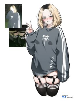 1girl absurdres black_garter_straps blonde_hair blush commentary english_commentary garter_straps green_eyes heart heart_o-ring highres kneehighs multicolored_hair nisp_art o-ring original oversized_clothes oversized_shirt photo-referenced shirt simple_background smile socks steam steaming_body striped_clothes teeth two-tone_hair v white_background