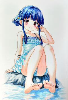 1girl absurdres alternate_hairstyle arm_at_side armpit_crease barefoot blue_hair blue_one-piece_swimsuit blunt_bangs braid braided_bun cameltoe casual_one-piece_swimsuit child collarbone curled_fingers feet feet_up female_focus flat_chest frilled_one-piece_swimsuit frills full_body hair_bun hand_up happy highres idolmaster idolmaster_cinderella_girls idolmaster_cinderella_girls_u149 legs light_blush long_hair looking_at_viewer marker_(medium) namco neck one-piece_swimsuit playing_with_own_hair red_eyes reflection reflective_liquid sajo_yukimi sidelocks simple_background sitting smile soles solmyr2000 swimsuit thighs toenails toes traditional_media water