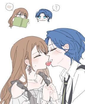 2girls black_necktie blue_eyes blue_hair blush book brown_hair closed_eyes collared_shirt commentary earrings food fruit grey_eyes hanasato_minori holding holding_book jewelry kiritani_haruka long_hair mouth_hold multiple_girls necklace necktie open_mouth project_sekai shared_food shirt short_hair simple_background smile soup_etc strawberry symbol-only_commentary white_background white_shirt yuri