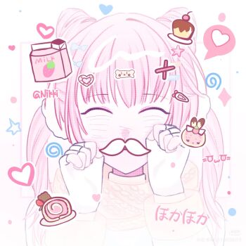 1girl ^_^ aaquantiwatepifashichangxumisanbing blue_bow blush bow cake chinese_commentary closed_eyes closed_mouth coat commentary_request double_bun drink_carton fake_facial_hair fake_mustache fingerless_gloves food fur-trimmed_sleeves fur_trim gloves guardian_floof_(infinity_nikki) hair_bow hair_bun hair_ornament hair_scrunchie hairclip hands_on_own_cheeks hands_on_own_face happy heart highres infinity_nikki long_hair long_sleeves milk_carton nikki_(nikki) nikki_(series) parallel_hairclips pink_hair pudding scarf scrunchie smile solo sparkle speech_bubble spoken_heart star_(symbol) straight-on strawberry_milk swiss_roll twintails upper_body very_long_hair watermark white_background white_coat white_gloves white_scrunchie xiaohongshu_watermark yellow_scarf