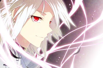 1boy accelerator_(toaru_majutsu_no_index) albino black_choker choker closed_mouth commentary energy fur-trimmed_jacket fur_trim glowing gung half-closed_eyes jacket light_smile medium_eyebrows medium_hair pale_skin profile psychic red_eyes sidelocks smile solo toaru_majutsu_no_index toaru_majutsu_no_index:_old_testament white_hair white_jacket