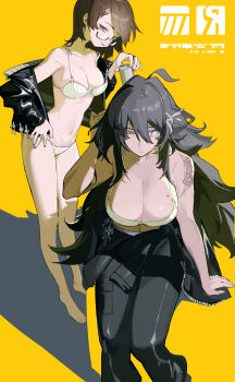 Rule 34 | 2girls, absurdres, ahoge, arm tattoo, bare shoulders, barefoot, black hair, black jacket, black pants, bra, breasts, brown eyes, brown hair, can, chinese commentary, cleavage, closed mouth, clothes around waist, collarbone, commentary request, cup, disposable cup, glasses, grey eyes, hair between eyes, hair ornament, hairclip, hand on own hip, highres, holding, holding can, holding cup, jacket, jacket around waist, large breasts, leather, leather jacket, long hair, looking at viewer, medium breasts, messy hair, mole, mole on breast, multiple girls, navel, noco (pixiv14976070), original, panties, pants, semi-rimless eyewear, shadow, short hair, shoulder tattoo, simple background, sitting, smile, standing, tattoo, underwear, very long hair, white bra, white panties, yellow background