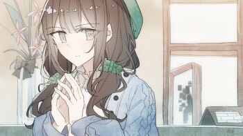 1girl absurdres beret book_off brown_hair cardigan chinese_commentary closed_mouth commentary_request flower green_hat green_scrunchie grey_cardigan grey_eyes hair_ornament hair_scrunchie hat highres indoors kurobe_nanoka long_hair long_sleeves looking_at_viewer low_twintails mahou_shoujo_no_majo_saiban official_alternate_costume own_hands_together sanlao1207 scrunchie solo steepled_fingers twintails upper_body vase window