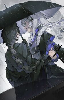 2girls akechi_(826988799) animal_ears aqua_eyes arknights black_cape black_coat black_gloves black_nails black_shirt black_umbrella braid breasts brown_hair buttons cape closed_mouth coat collared_shirt double-breasted dutch_angle extra_ears from_behind fur-trimmed_cape fur_trim gloves hair_ornament hairclip highres holding holding_hands holding_umbrella lappland_(arknights) lappland_the_decadenza_(arknights) lappland_the_decadenza_(unruly_humbleness)_(arknights) long_hair long_sleeves looking_at_viewer medium_breasts multiple_girls nail_polish off_shoulder official_alternate_costume outdoors parallel_hairclips penance_(arknights) ponytail purple_shirt rain scar scar_across_eye scar_on_face sharp_teeth shirt single_braid smile teeth twitter_username umbrella under_umbrella white_hair white_shirt wolf_ears wolf_girl yellow_eyes yuri