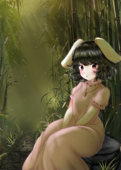 1girl animal_ears bamboo bamboo_forest black_hair blush bob_cut boulder breasts carrot_necklace closed_mouth commentary dot_mouth dress fog forest from_side grass green_background hakase_(chitama_shinryaku) hands_on_lap highres inaba_tewi jewelry light_particles light_rays looking_at_viewer looking_to_the_side nature necklace on_rock own_hands_together parted_lips path pendant pink_dress puffy_short_sleeves puffy_sleeves rabbit_ears rabbit_girl red_eyes red_trim road short_hair short_sleeves sitting small_breasts solo sunbeam sunlight touhou v_arms wavy_hair