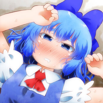 Rule 34 | 1girl, ascot, blue bow, blue dress, blue eyes, blue hair, blush, bow, cirno, collared shirt, commentary request, dress, hair bow, hot, looking at viewer, lying, matty (zuwzi), on back, pinafore dress, puffy short sleeves, puffy sleeves, red ascot, shirt, short sleeves, sleeveless, sleeveless dress, solo, sweat, touhou, white shirt