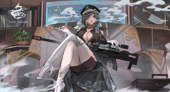 1girl absurdres black_hat book bookshelf boots breasts brown_eyes brown_skirt cleavage commentary couch crossed_legs earrings elbow_gloves fur_trim gloves grey_hair gun hair_over_one_eye hat high_heel_boots high_heels highres indoors jewelry large_breasts looking_at_viewer miniskirt on_couch original peaked_cap pencil_skirt plant potted_plant rifle scope skirt smoking smoking_pipe sniper_rifle symbol-only_commentary thigh_boots weapon white_boots white_gloves youlan