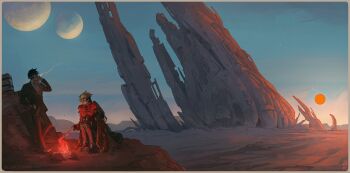 black_hair black_suit blonde_hair bonfire boots coat cross_punisher desert fire food formal_clothes highres lesoldatmort marshmallow moon nicholas_d._wolfwood orange-tinted_eyewear prosthesis prosthetic_arm red_coat round_eyewear short_hair smoke smoking spiked_hair stick suit tinted_eyewear trigun vash_the_stampede