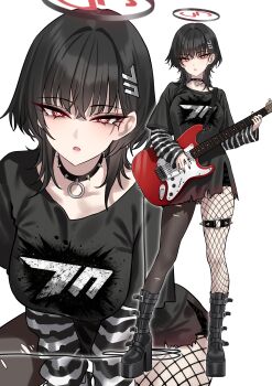 1girl absurdres alternate_costume alternate_hair_length alternate_hairstyle black_boots black_choker black_shirt blue_archive boots breasts bright_pupils choker electric_guitar fishnet_pantyhose fishnets guitar hair_ornament hairclip halo highres holding holding_instrument instrument knee_boots large_breasts long_sleeves medium_hair multiple_views pantyhose parted_lips red_eyes revision rio_(blue_archive) shigure_s shirt simple_background spiked_choker spikes standing torn_clothes torn_pantyhose torn_shirt white_background white_pupils wolf_cut