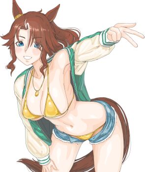 1girl alternate_costume bikini blue_eyes breasts cleavage commentary_request grin hair_between_eyes hand_on_own_thigh highres jacket jewelry large_breasts long_hair long_sleeves medium_hair mejiro_palmer_(umamusume) multicolored_hair navel necklace open_clothes open_fly open_jacket simple_background smile solo stomach streaked_hair swimsuit umamusume w white_background white_hair white_jacket yellow_bikini zenchou24cm