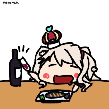 1girl alcohol animated animated_gif bottle closed_eyes crown cup drinking drinking_glass drunk fish_(food) grilled_fish long_hair lowres open_mouth seseren wine wine_bottle wine_glass