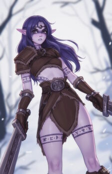 Rule 34 | 1girl, breasts, colored skin, commentary, english commentary, gloves, highres, holding, holding weapon, long hair, original, personal ami, pointy ears, purple skin, small breasts, solo, sword, weapon