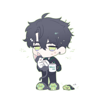 Rule 34 | 1boy, animal, animal hug, black hair, black pants, black shirt, cat, chibi, chibi only, commentary, cup, ear piercing, earrings, frog, full body, green eyes, hair ornament, hairclip, half-closed eyes, holding, holding cup, jewelry, kb kream, male focus, mechanical hands, mug, pajamas, pants, pearl hair ornament, piercing, robo frostor, screw, shirt, simple background, skoshism, sleepy, slippers, stud earrings, untranslatable commentary, virtual youtuber, white background