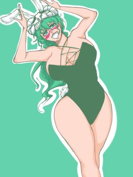 1girl bleach breasts cleavage gande0920 green_eyes green_hair large_breasts leotard long_hair nelliel_tu_odelschwanck rabbit_ears smile solo